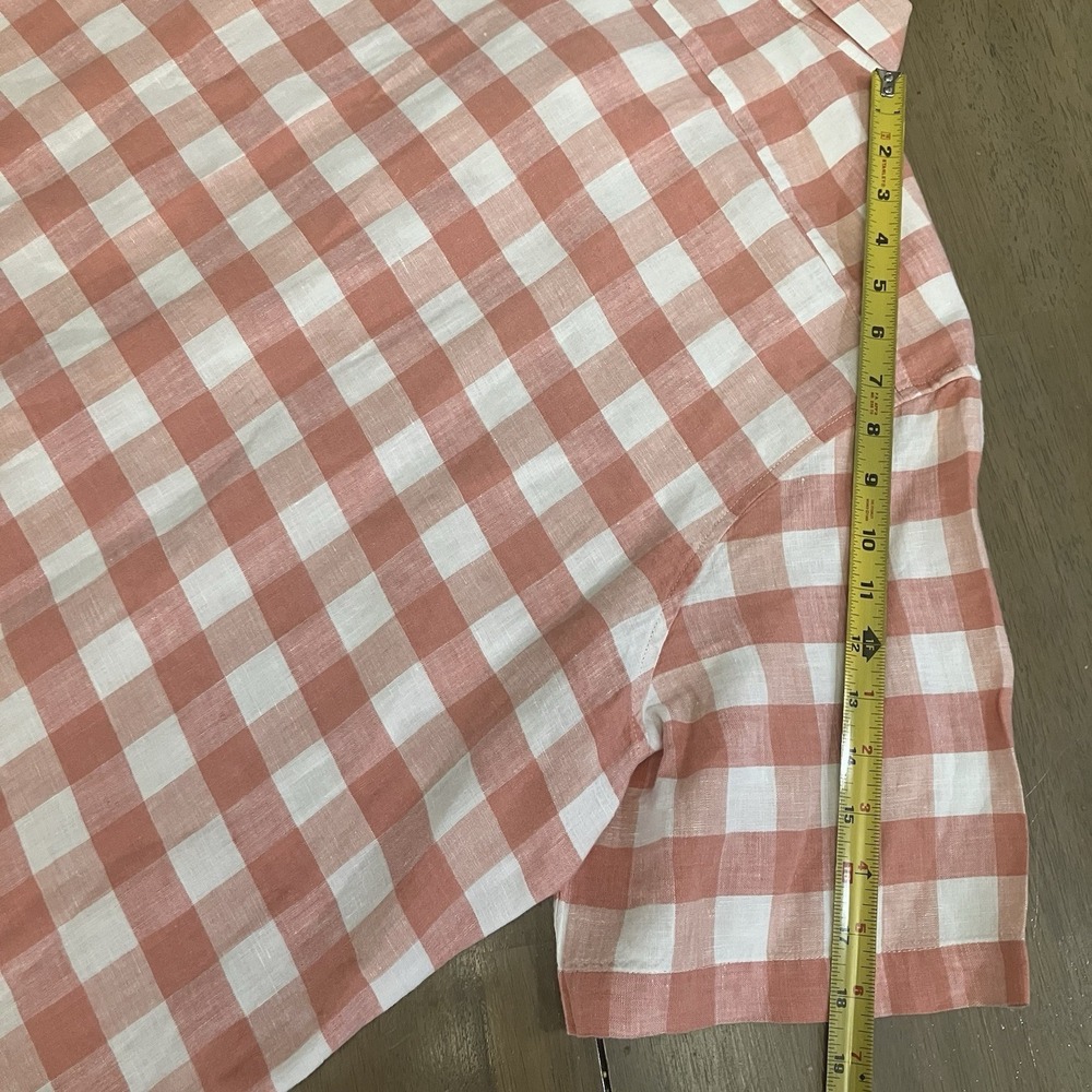 LL Bean Shirt Mens Tall XLT Linen Short Sleeve Slightly Fitted Salmon Pink Plaid - Picture 8 of 8